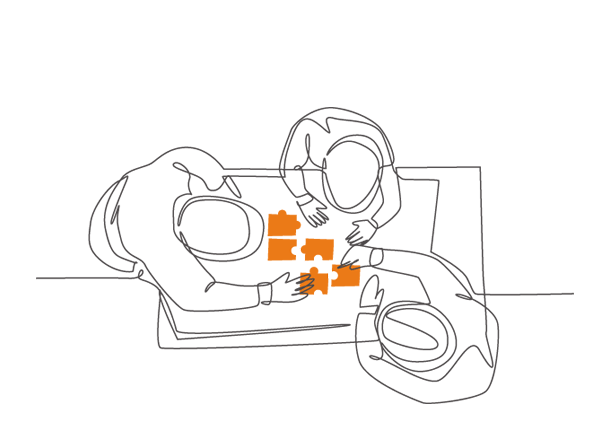 3 menschen die puzzeln grafik oneline