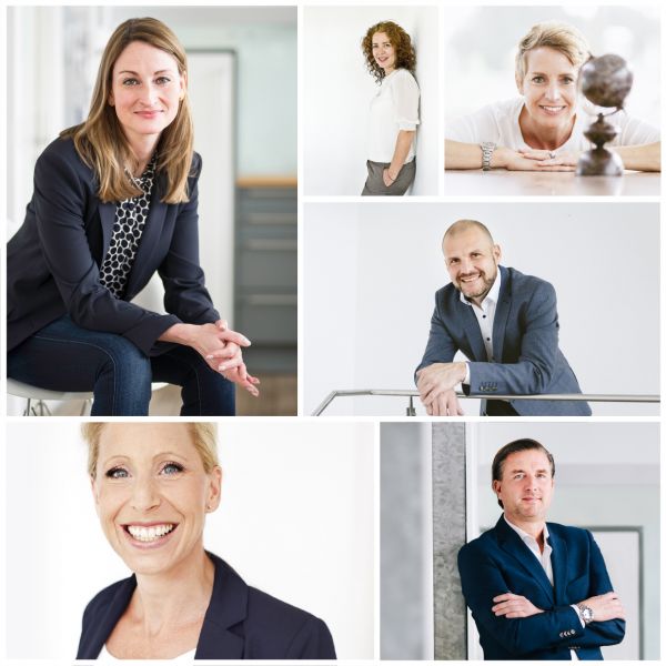 Multipicture von Businessportraits mit Architektur im Hintergrund